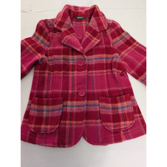 Vintage United Colors of Benetton Girls Pink Plaid Wool Blend Blazer Jacket Size - Picture 4 of 7